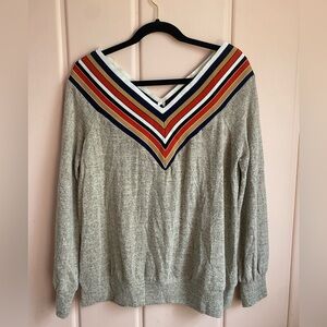 Gray Beige V-Neck Sweater with Multicolor Stripes